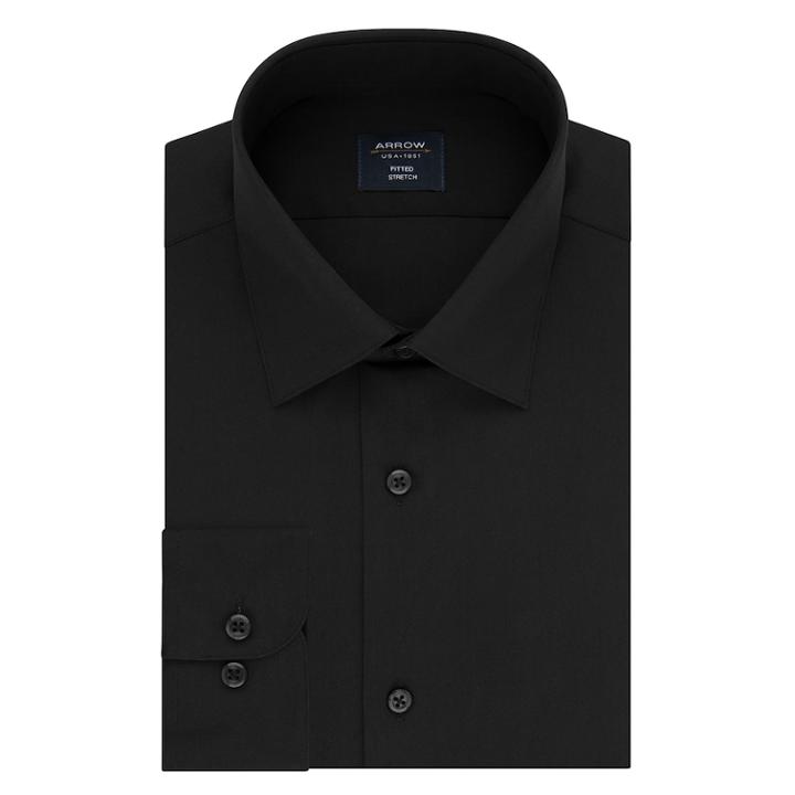 Men's Arrow Fitted Stretch Dress Shirt, Size: S 32-33, Deep Black