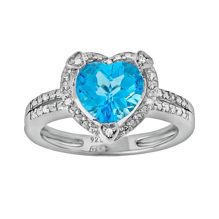 Sterling Silver Blue Topaz And Diamond Accent Heart Frame Ring, Women's, Size: 7