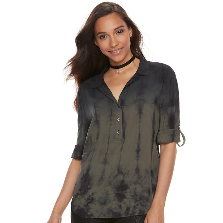 Women's Rock & Republic&reg; Tie-dye Roll Cuff Popover Top, Size: Medium, Dark Green