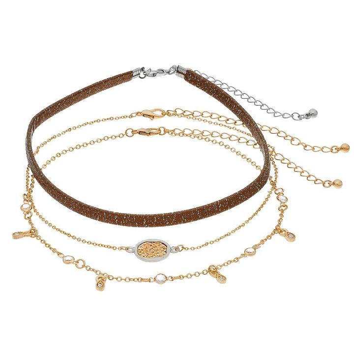 Mudd&reg; Glittery Cord, Two Tone Disc & Shaky Teardrop Choker Necklace Set, Women's, Lt Brown