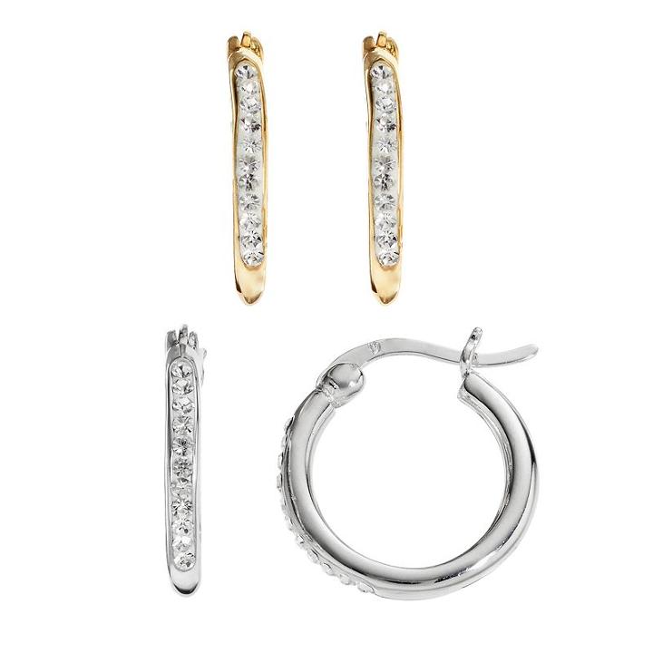 Chrystina 14k Gold Plated & Silver Plated Crystal Hoop Earring Set, Women's, White