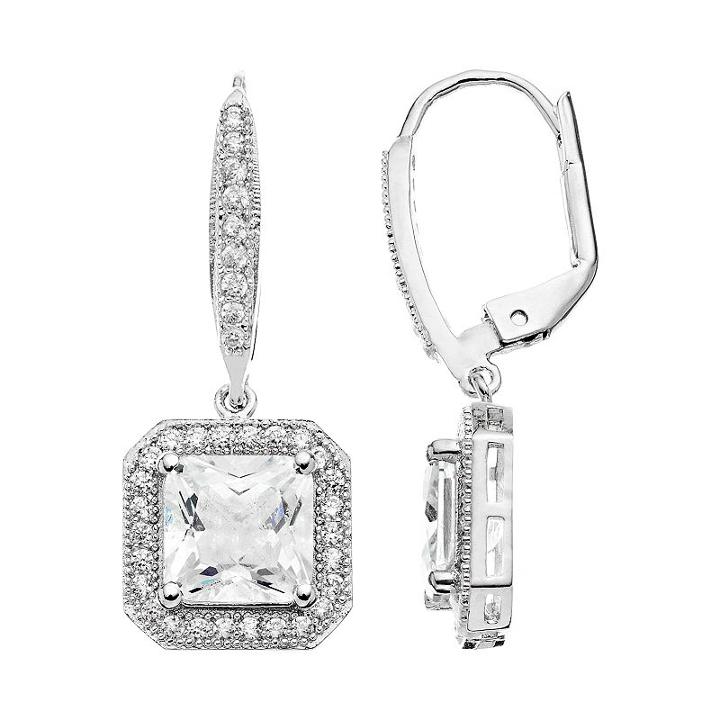 The Silver Lining Cubic Zirconia Silver Tone Octagonal Halo Drop Earrings, Women's, White