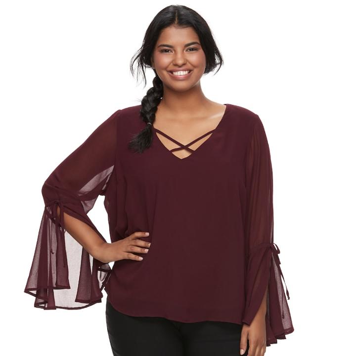 Juniors' Plus Size Heartsoul Bell Sleeve Chiffon Top, Teens, Size: 3xl, Dark Red