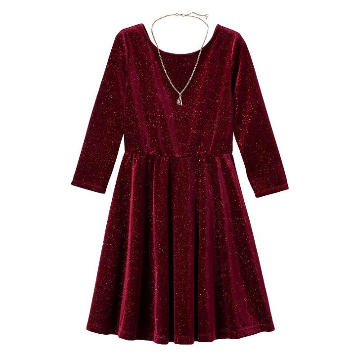 Girls 7-16 Lilt Glitter Velvet 3/4-length Sleeve Skater Dress With Necklace, Girl's, Size: 10, Dark Red