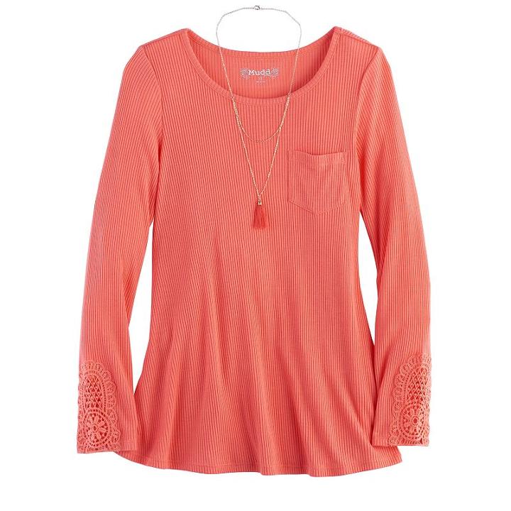 Girls 7-16 & Plus Size Mudd&reg; Ribbed Pocket Jegging Tee With Necklace, Size: 12, Lt Orange