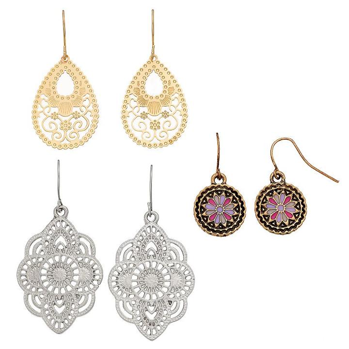 Mudd&reg; Nickel Free Filigree & Medallion Drop Earring Set, Women's, Multicolor