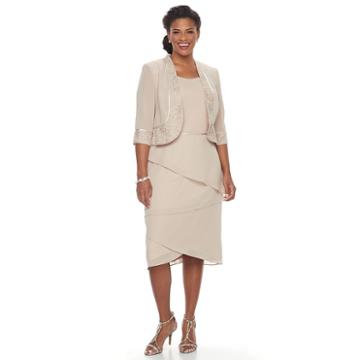 Plus Size Le Bos Tiered Shift Evening Dress & Jacket Set, Women's, Size: 14 W, Med Brown