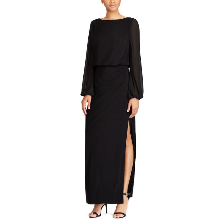 Women's Chaps Georgette-sleeve Jersey Evening Gown, Size: 12, Black