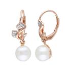Freshwater Cultured Pearl And 1/10 Carat T.w. Diamond 18k Rose Gold Over Silver Drop Earrings, Women's, White