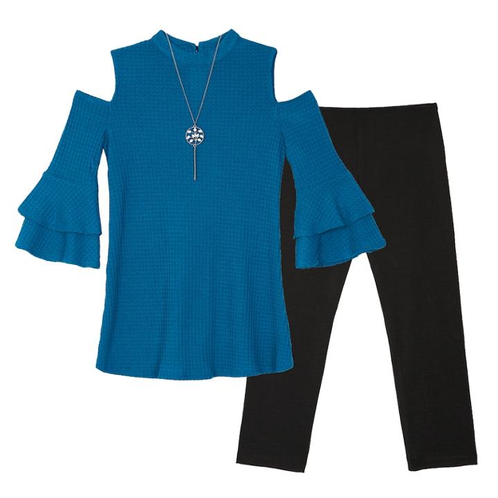 Girls 7-16 Iz Amy Byer Thermal Cold-shoulder Bell Sleeve Tunic & Leggings Set With Necklace, Size: Medium, Med Green