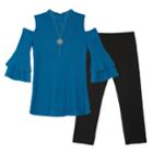 Girls 7-16 Iz Amy Byer Thermal Cold-shoulder Bell Sleeve Tunic & Leggings Set With Necklace, Size: Medium, Med Green