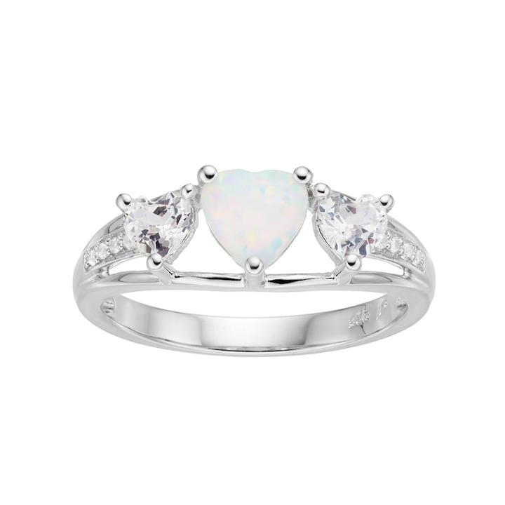 Sterling Silver Lab-created Opal & White Sapphire Triple Heart Ring, Women's, Size: 7