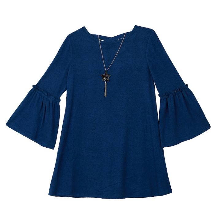 Girls 7-16 And Plus Size Iz Amy Byer Ruffled Bell Sleeve Dress With Necklace, Size: L Plus, Dark Blue