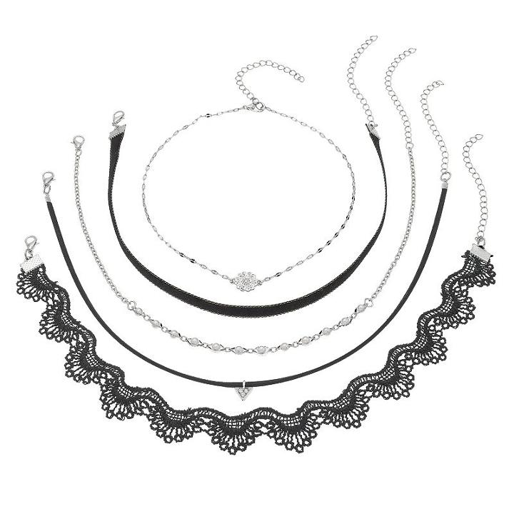 Black Scalloped Lace Choker Necklace Set, Women's, Silver