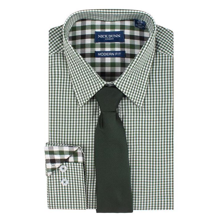 Men's Nick Dunn Modern-fit Patterned Easy-care Spread-collar Dress Shirt & Tie Set, Size: S 32-33, Green