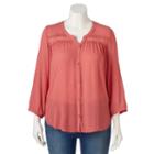 Juniors' Plus Size Mudd&reg; Button Front Crochet Peasant Top, Girl's, Size: 2xl, Orange