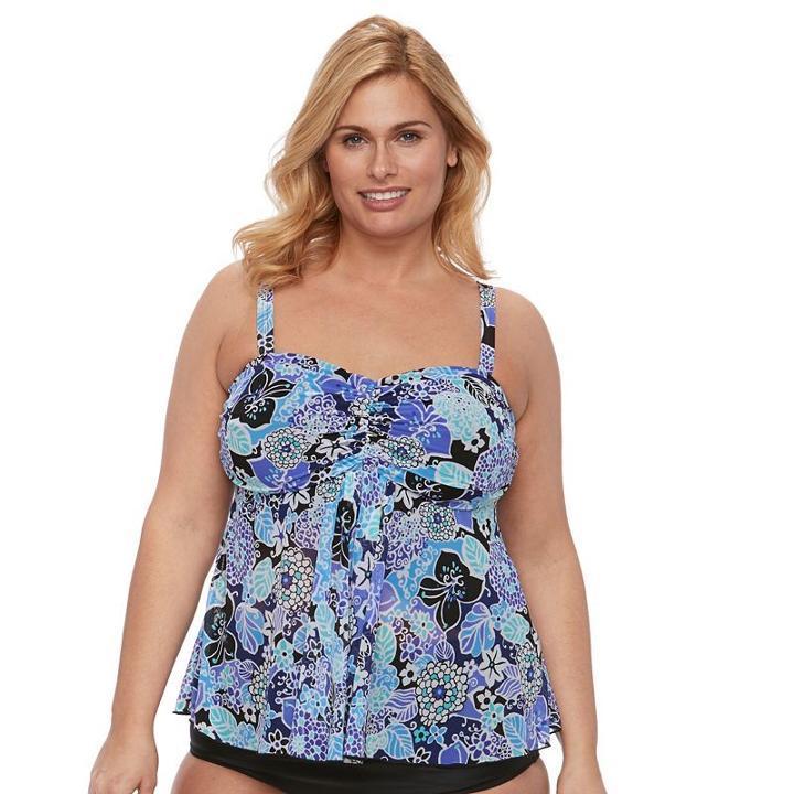 Plus Size A Shore Fit Tummy Slimmer Mesh Tankini Top, Women's, Size: 24 W, Blue