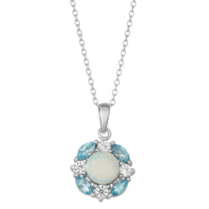 Sterling Silver Blue Topaz, Lab-created Opal & White Sapphire Cluster Pendant Necklace, Women's, Size: 18