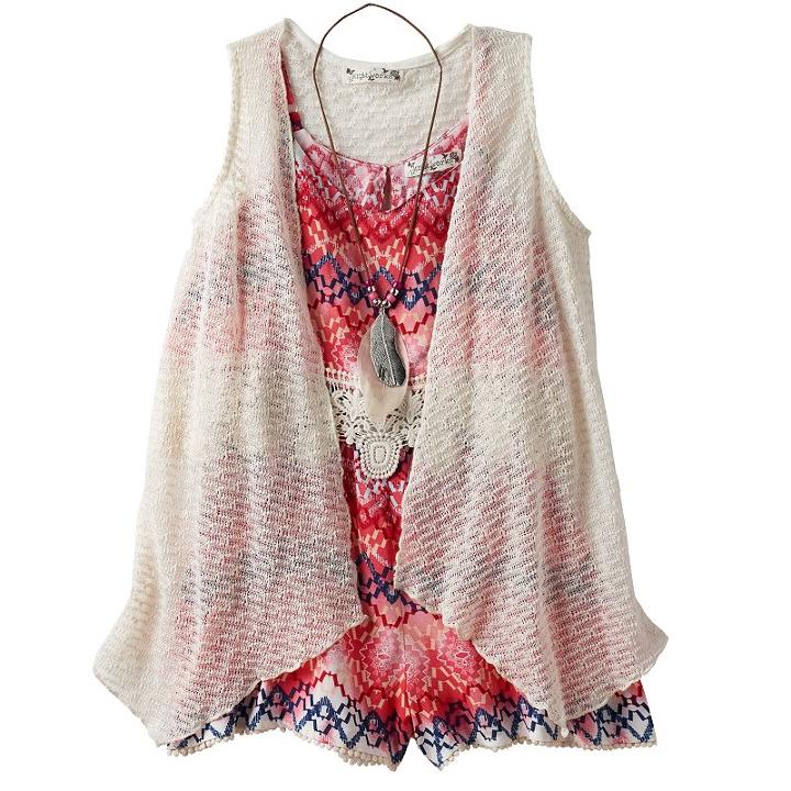 Girls 7-16 Knitworks Romper & Open Knit Duster Set With Necklace, Girl's, Size: 14, Lt Orange