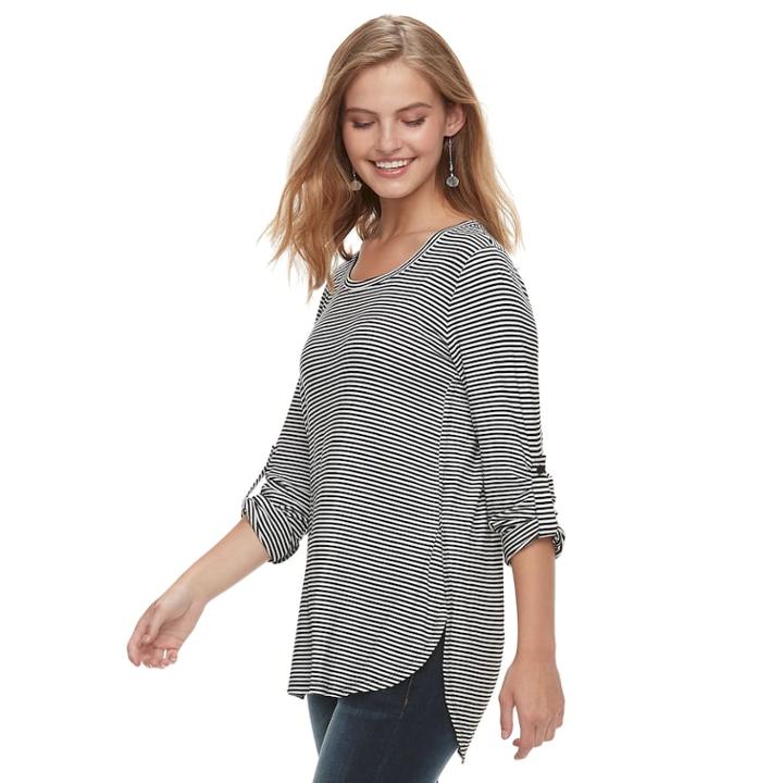 Juniors' Love, Fire Roll-tab Top, Teens, Size: Medium, Black White Stripe