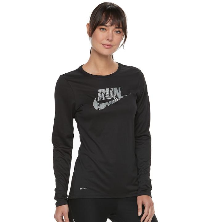 Women's Nike Dry Running Long Sleeve Graphic Tee, Size: Xs, Grey (charcoal)