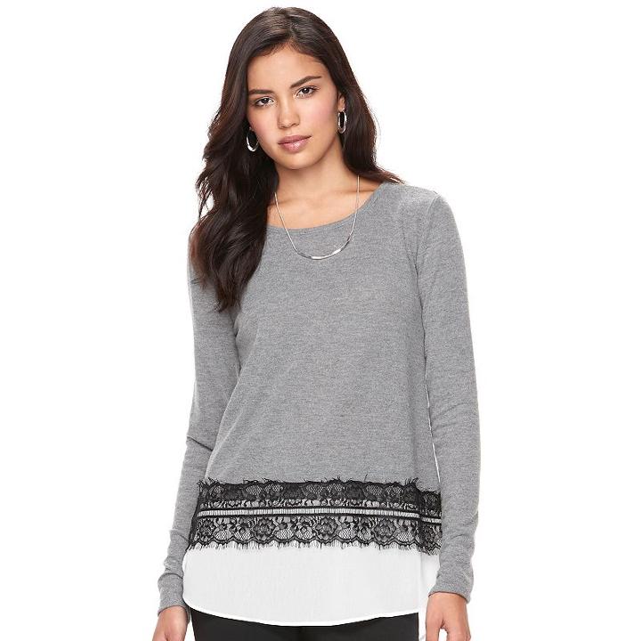 Women's Elle&trade; Lace Trim Mock-layer Top, Size: Small, Grey (charcoal)