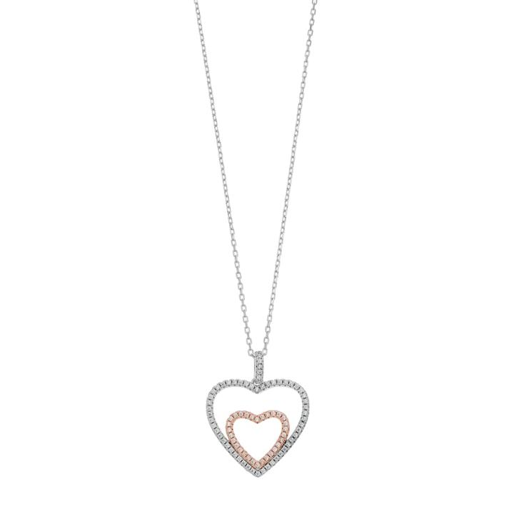 Two Tone Sterling Silver Cubic Zirconia Double Heart Pendant Necklace, Women's, Size: 18, White