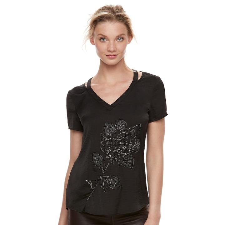 Women's Rock & Republic&reg; Cutout Beaded Rose Tee, Size: Large, Black
