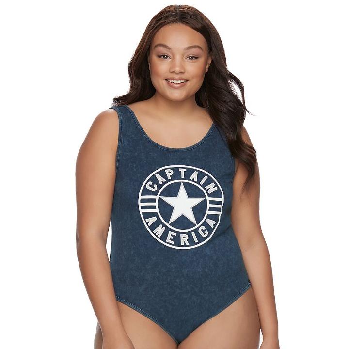 Juniors' Plus Size Marvel Hero Elite Captain America Bodysuit By Her Universe, Teens, Size: 1xl, Blue (navy)