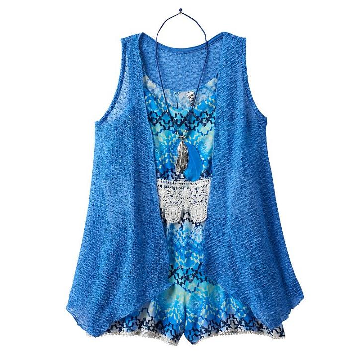 Girls 7-16 Knitworks Romper & Open Knit Duster Set With Necklace, Girl's, Size: 8, Blue
