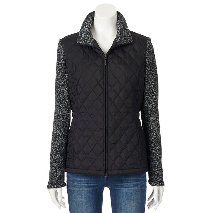 Women's Weathercast Quilted Sweater Fleece Jacket, Size: Medium, Black