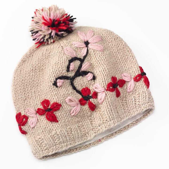 Sijll Embroidered Flower Pom-pom Wool Beanie Hat, Women's, Beig/green (beig/khaki)