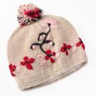 Sijll Embroidered Flower Pom-pom Wool Beanie Hat, Women's, Beig/green (beig/khaki)