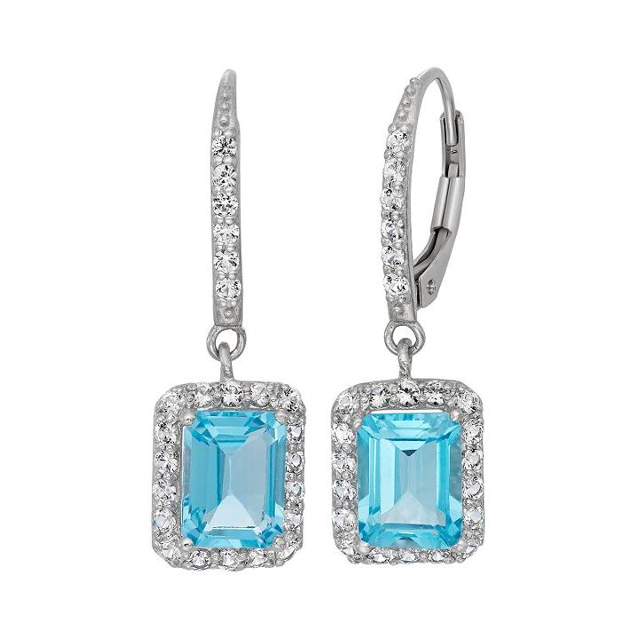 Sterling Silver Blue Topaz & Lab-created White Sapphire Rectangle Drop Earrings, Women's