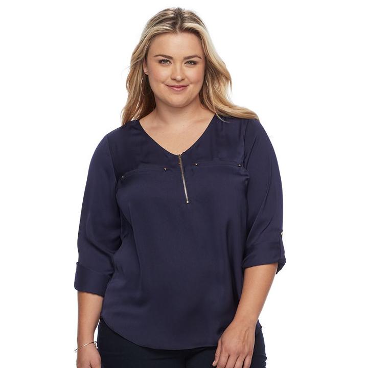 Plus Size Apt. 9&reg; Satin 1/4-zip Top, Women's, Size: 0x, Dark Blue