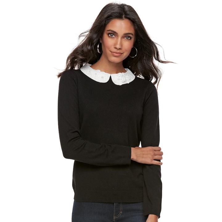 Women's Elle&trade; Lace Collar Mock-layer Sweater, Size: Xs, Black