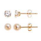 10k Gold Freshwater Cultured Pearl & Cubic Zirconia Stud Earring Set, Women's, White