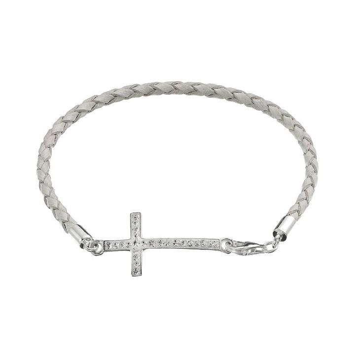 Crystal Sterling Silver Sideways Cross Link Woven Leather Bracelet, Women's, Size: 7.5, White