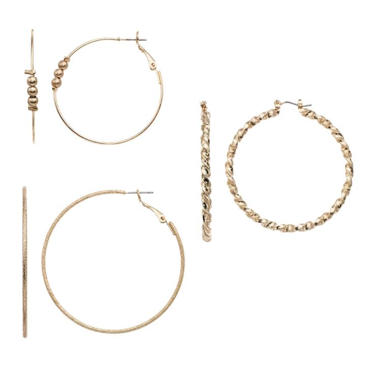 Gold Tone Bead & Textured Nickel Free Hoop Earring Set, Women's