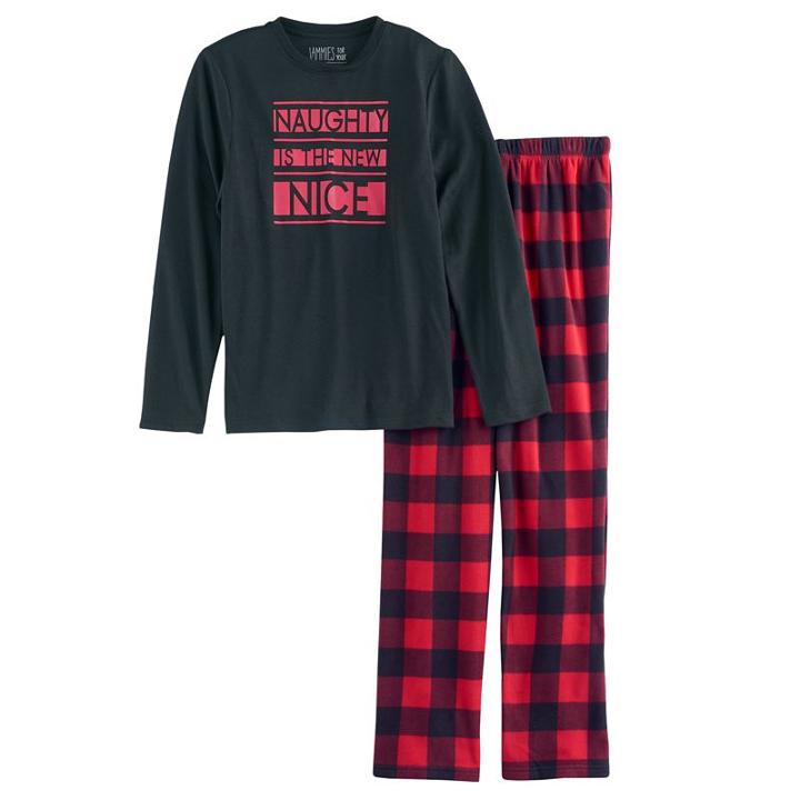 Boys 4-20 Jammies For Your Families Naughty Is The New Nice Top & Fleece Buffalo Plaid Bottoms Pajama Set, Size: 14-16, Red