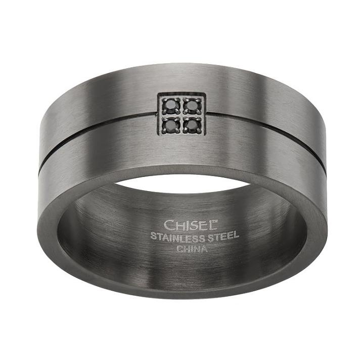 Black Diamond Accent Stainless Steel Stripe Band - Men, Size: 11.50