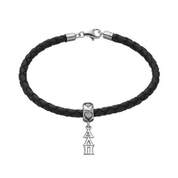 Logoart Alpha Delta Pi Sterling Silver & Leather Sorority Bracelet, Women's, Size: 7.5, Grey