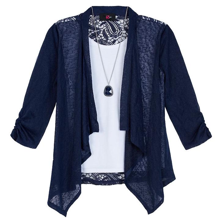 Girls 7-16 Iz Amy Byer 3/4-sleeve 2-in-1 Lace Back Cozy Top With Necklace, Size: Xl, Blue (navy)