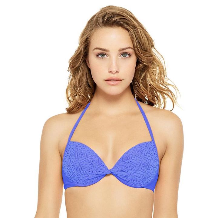 Juniors' Hot Water Push-up Crochet Twist-front Bikini Top, Size: Large, Med Blue