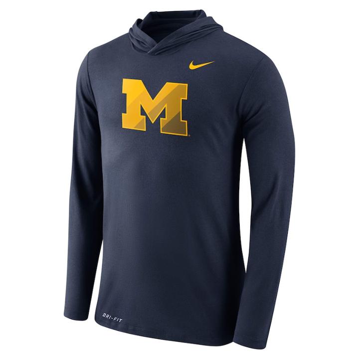 Men's Nike Michigan Wolverines Dri-fit Hooded Tee, Size: Xxl, Blue (navy)