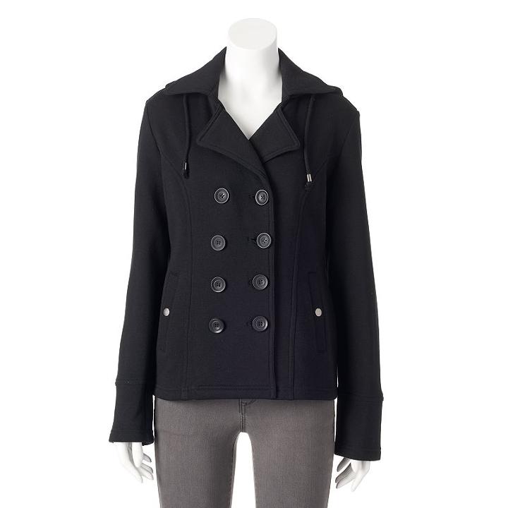 Women's Sebby Hooded Fleece Double-breasted Peacoat, Size: Medium, Black
