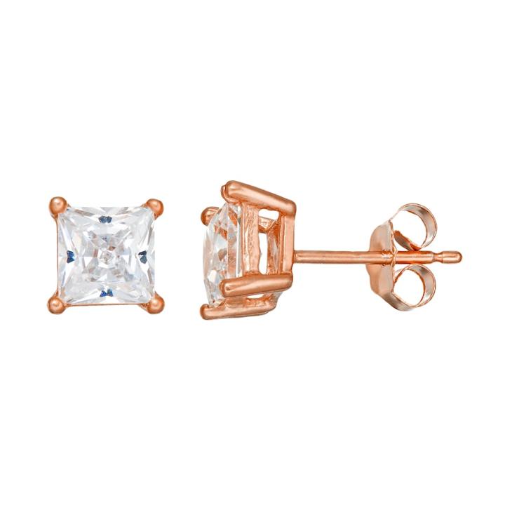 Cubic Zirconia 18k Rose Gold Over Silver-plated Solitaire Stud Earrings, Women's, White