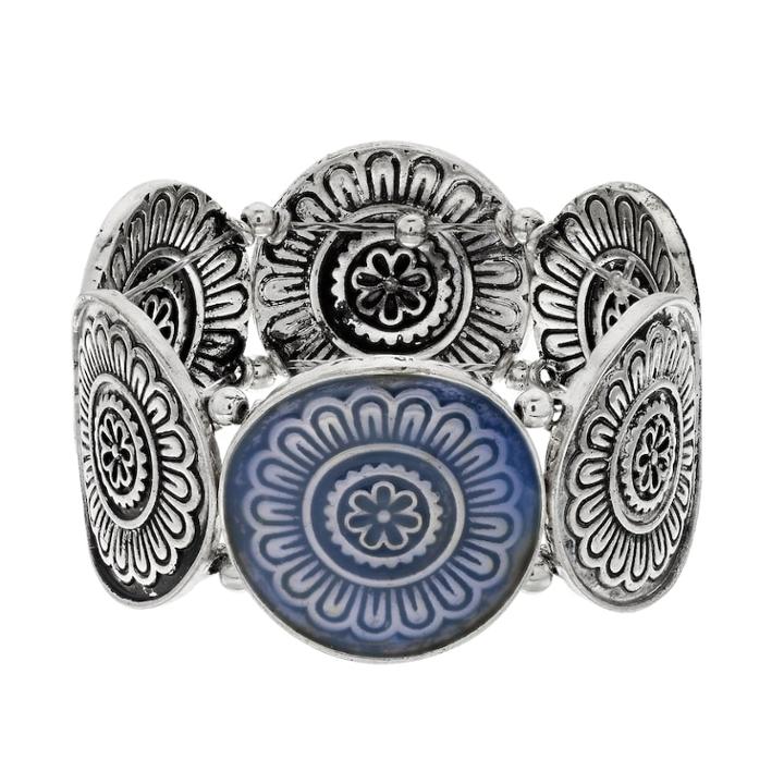 Silver Tone Medallion Stretch Bracelet, Women's, Blue