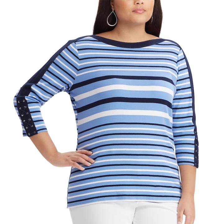 Plus Size Chaps Lace-up Sleeve Boatneck Top, Women's, Size: 1xl, Blue