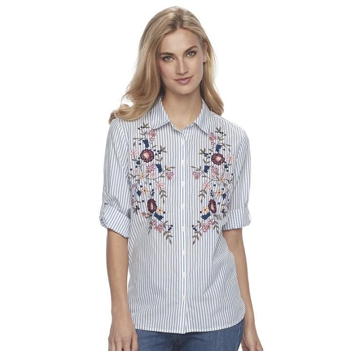 Women's Croft & Barrow&reg; Embroidered Striped Shirt, Size: Medium, Light Blue